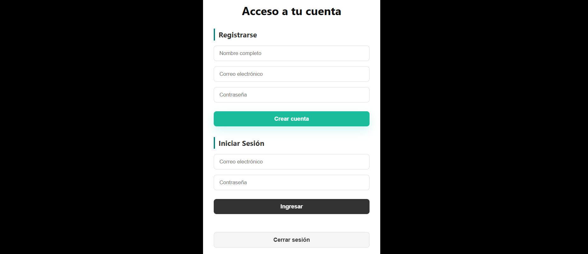 Pantallas de registro e inicio de sesión